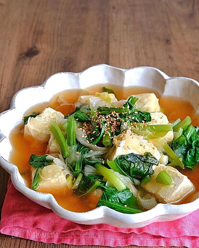 つるりん豆腐とネギと小松菜のとろみ煮﻿