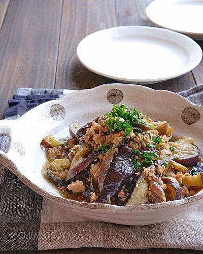 レンジで簡単！！なすと鶏ひき肉と塩昆布のぽん酢蒸し