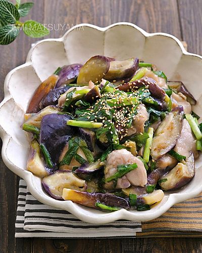 レンジで簡単！なすとニラと鶏肉の甘酢煮