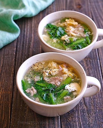 小松菜とひき肉のかきたまスープ