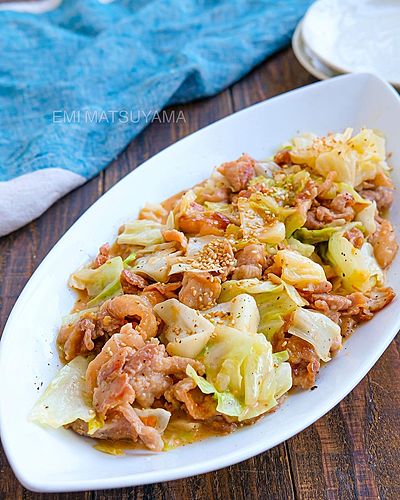 豚こまとキャベツの旨味噌マヨ炒め