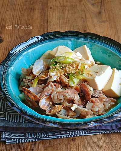 レンジで簡単！旨味凝縮！あさり入り豚肉豆腐﻿