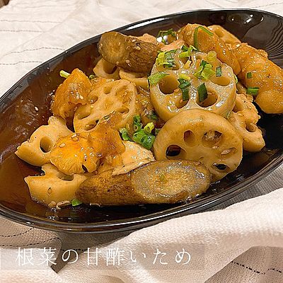鶏ささみの根菜の甘酢いため