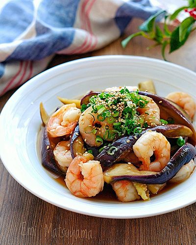 レンチンなすとむき海老の中華和え﻿