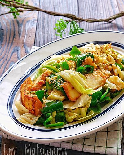 肉なしで大満足！絹厚揚げの回鍋肉風マヨ炒め﻿