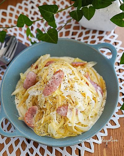 フライパンdeウインナーとキャベツの濃厚和風クリームパスタ