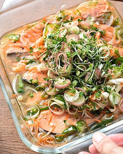 揚げずに簡単 ♡#焼き鮭薬味南蛮