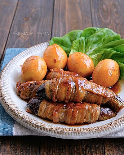 豚巻きなすとゆで卵の照り煮 ⁡
