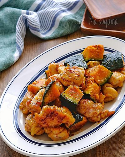 かぼちゃと鶏肉のマスタード照りバター炒め﻿