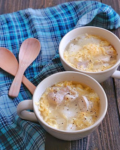 たたき長芋と鶏肉と卵のスープ