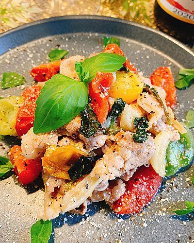 豚肉とミニトマトのガーリックバジル炒め