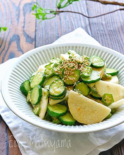 きゅうりと長芋とオクラのさっぱり旨味噌和え﻿