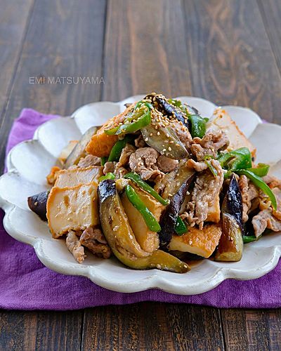 豚なすピーマンと絹厚揚げの旨味噌炒め