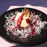 揚げ春雨でデザート!バニラアイスとベリーソース添え